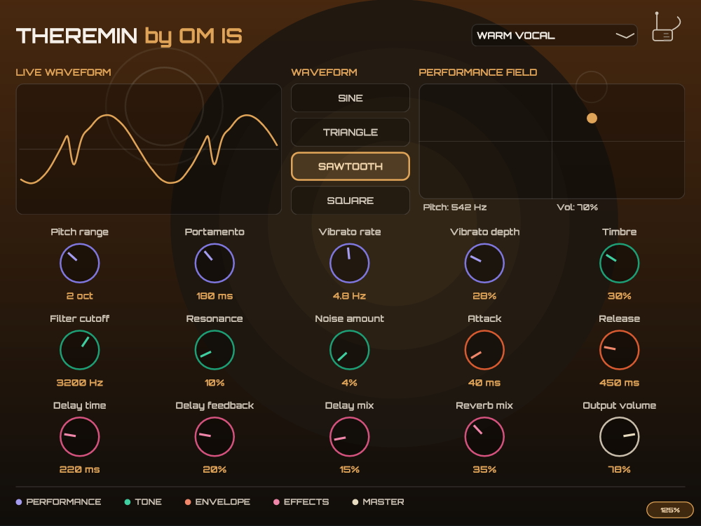 Theremin by OM IS plugin interface showing the full panel with oscilloscope, performance field and all 15 controls