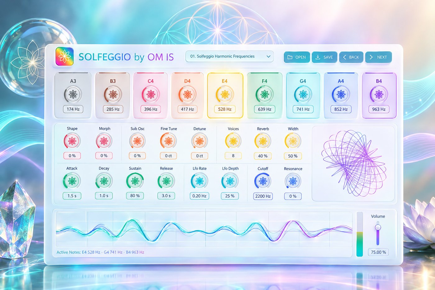 Solfeggio by OM IS interface composited among crystals, a
                flower of life, and soft light - a decorative portrait of the
                plugin.