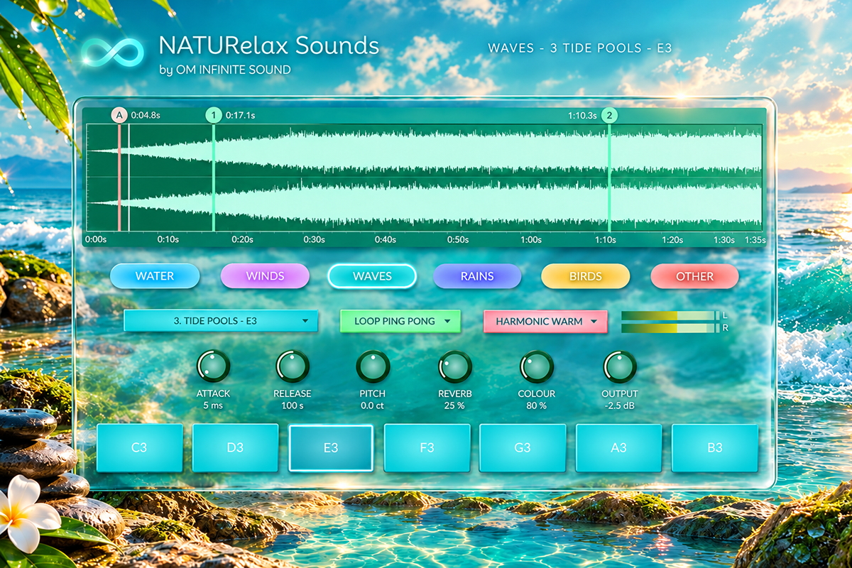 NATURelax Sounds in the WAVES category, floating over a tropical shoreline with waves, rocks and flowers.